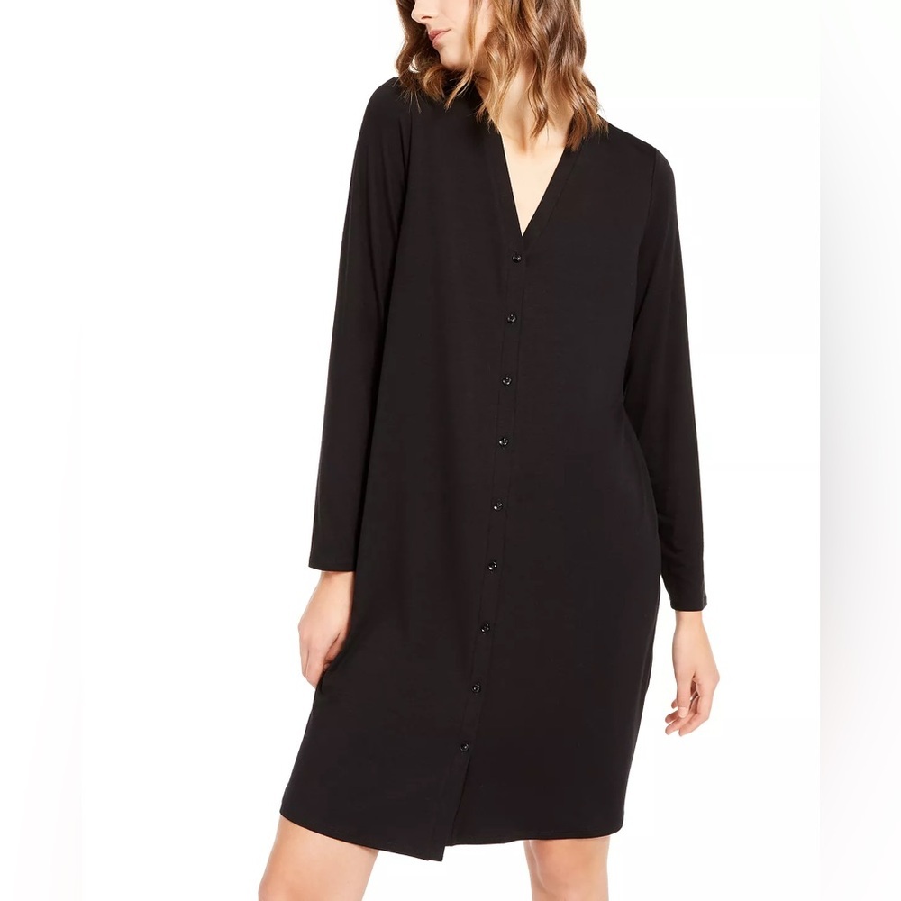 Eileen Fisher Tencel Jersey Dress Black Button Front Long Sleeve XS